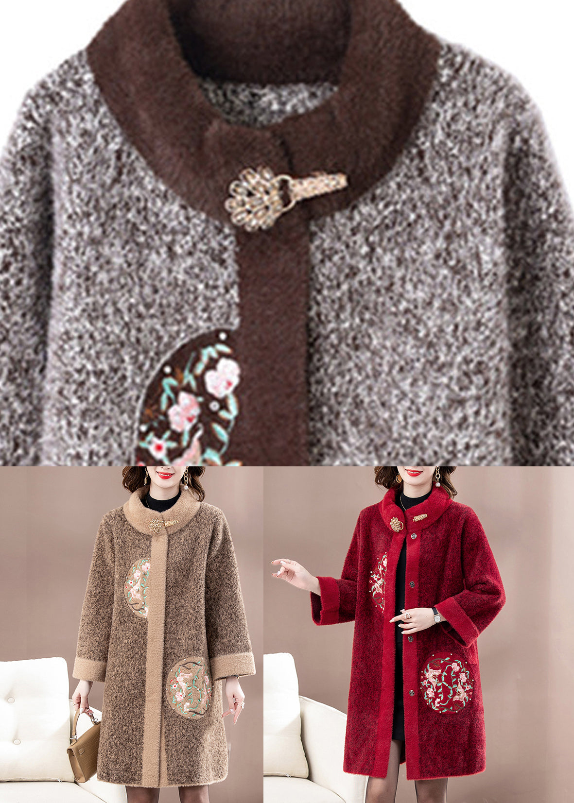 Neue braune Patchwork-Taste Nerz Samt Wollmäntel Frühling TA037