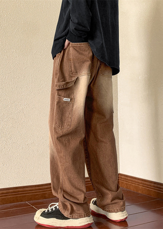 Pantalon en jean marron pour homme, taille élastique, poches, nouvelle collection printemps