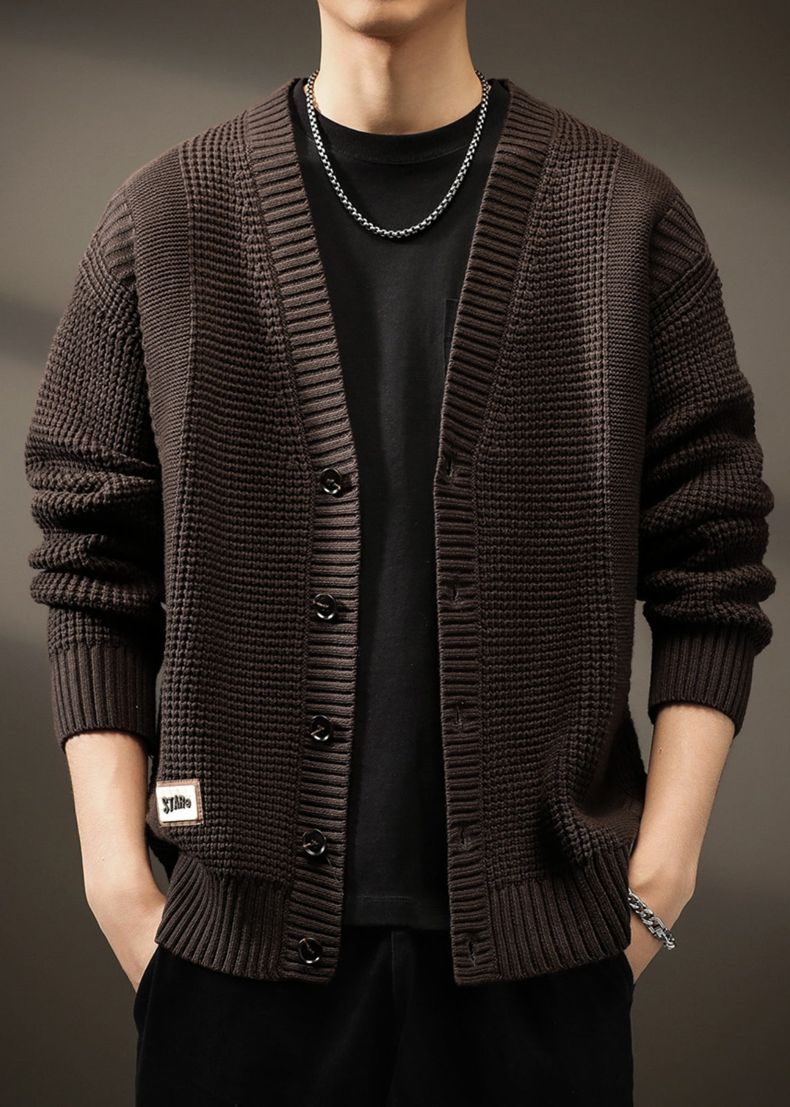 Men Solid Button Spring Neck New Coffee Cardigans V Knit