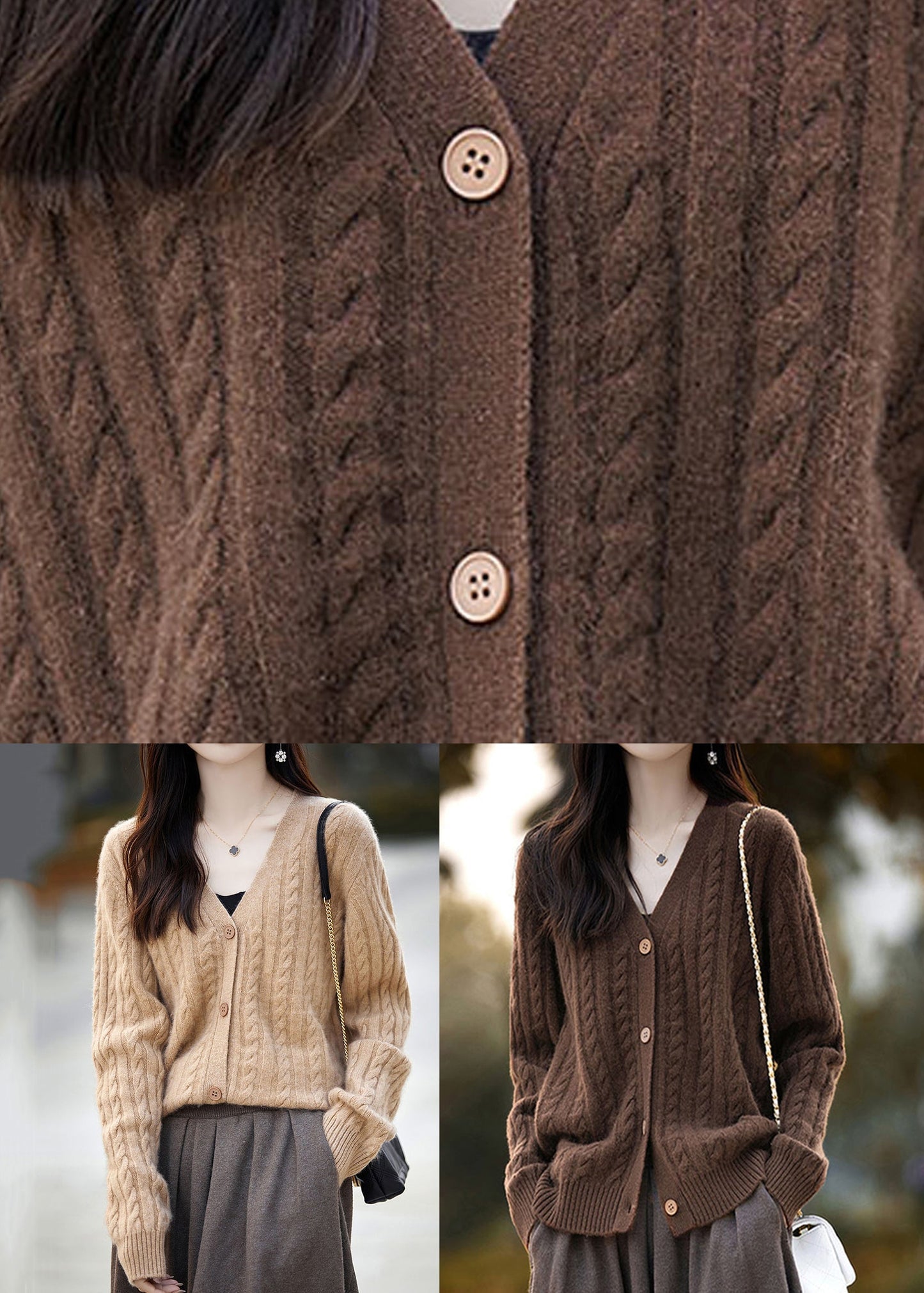 Neue kaffeebraune Wollstrickjacke mit V-Ausschnitt und Knopfleiste für den Herbst AB1057