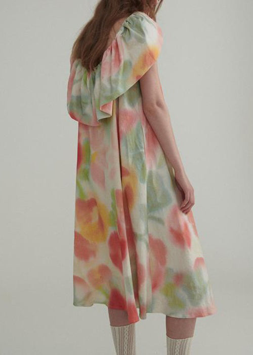 New Colorblock Ruffled Print Linen Dress Summer XX045