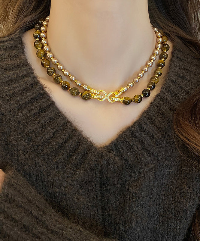 Double-Layer Bead Gratuated Pearl Necklace Tiger's-Eye Copper New