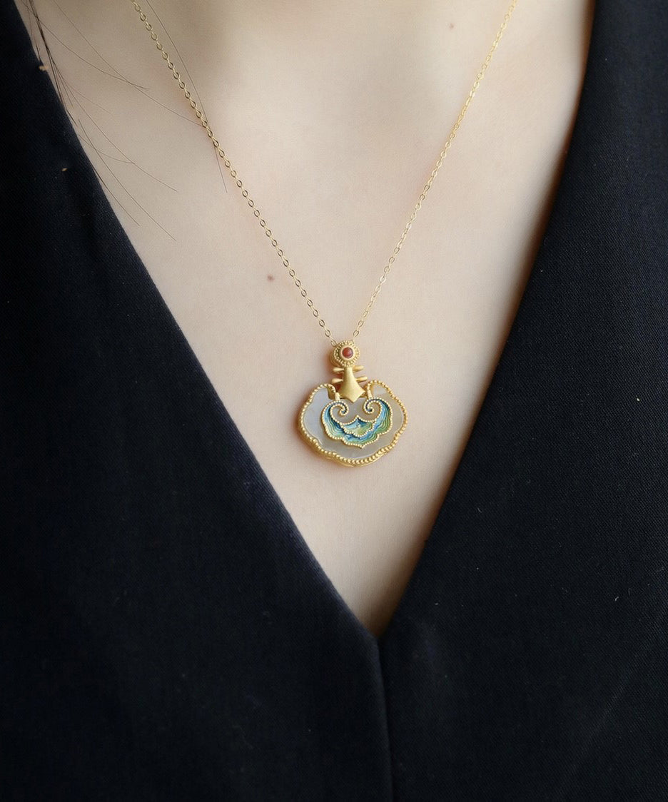 Neue Gold Antike Gold Jade Emaille Anhänger Halskette TX011