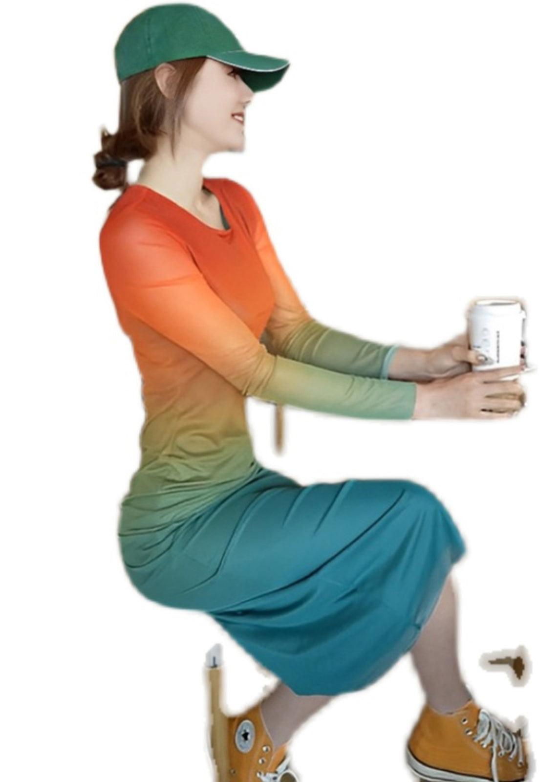 Neues Farbverlauf-O-Ausschnitt-Baumwollkleid mit langen Ärmeln KK061