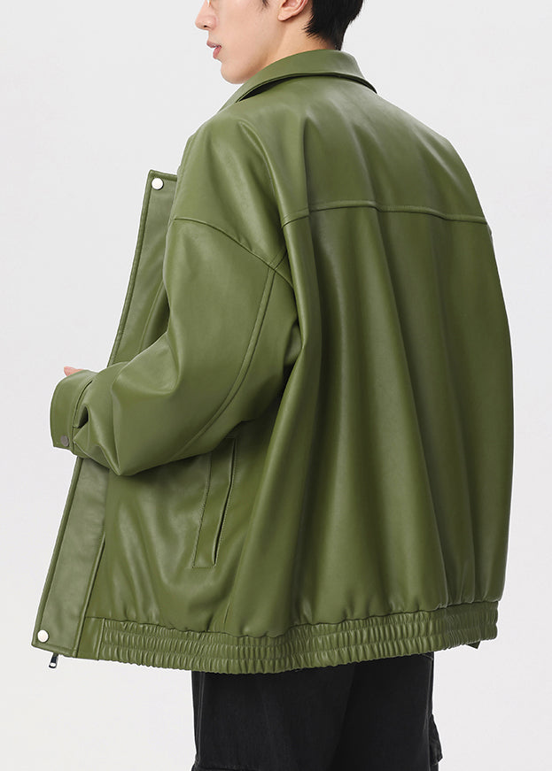 Neuer grüner Peter-Pan-Kragen mit Reißverschluss aus Kunstleder für Herren, Frühling, RN032