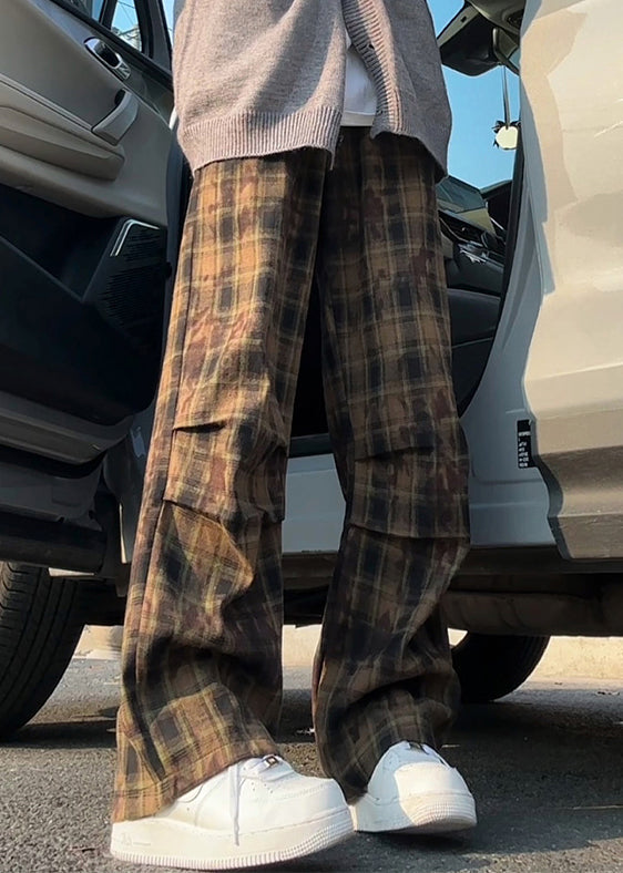 Pantalon d'été en coton vert pour homme, taille élastique, à carreaux, neuf