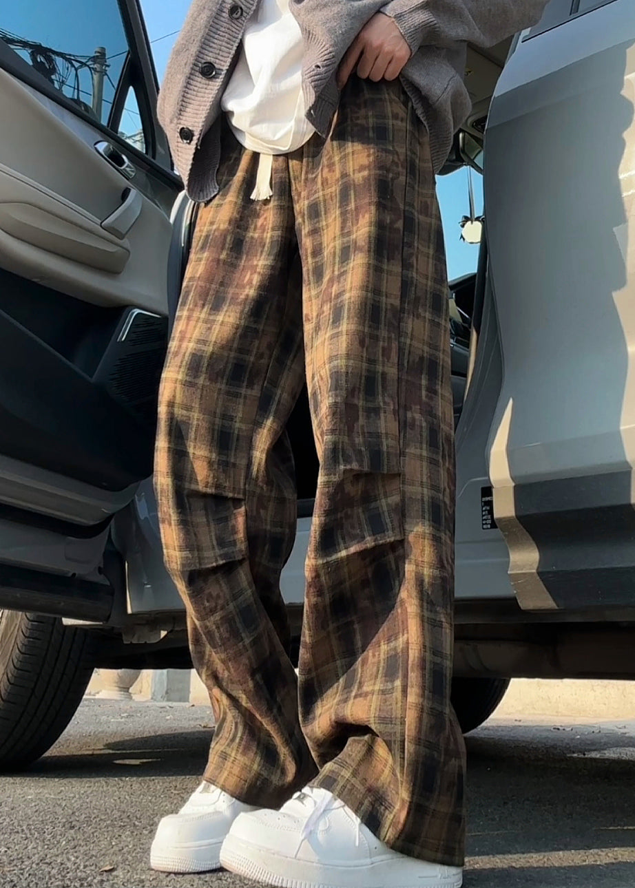 Pantalon d'été en coton vert pour homme, taille élastique, à carreaux, neuf