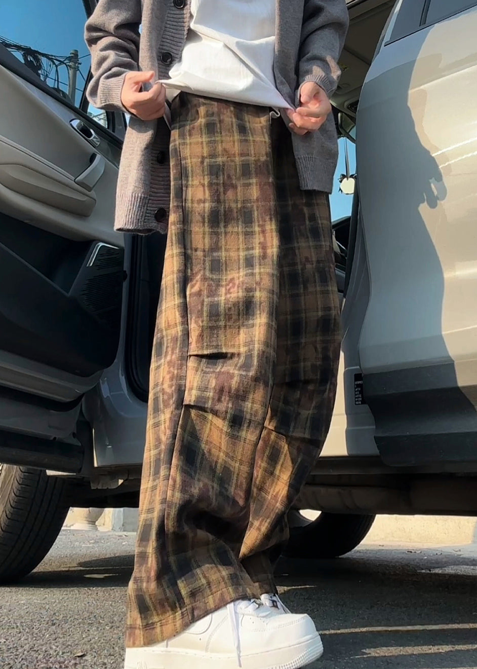 Pantalon d'été en coton vert pour homme, taille élastique, à carreaux, neuf