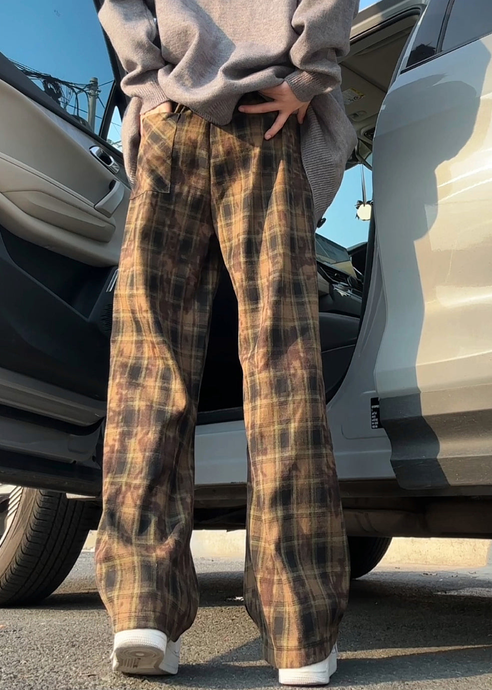 Pantalon d'été en coton vert pour homme, taille élastique, à carreaux, neuf