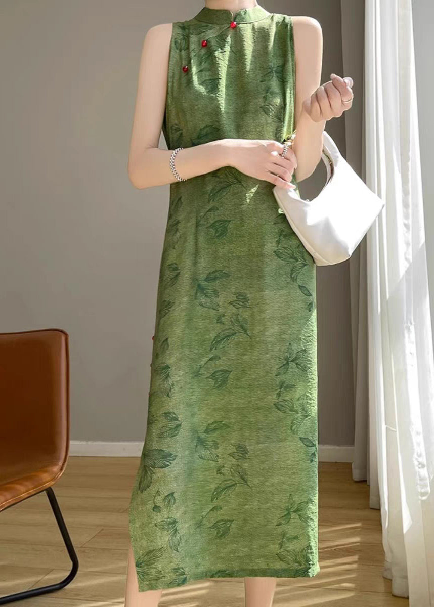 Open Print Silk Dress Long Sleeveless Cotton Side Green New