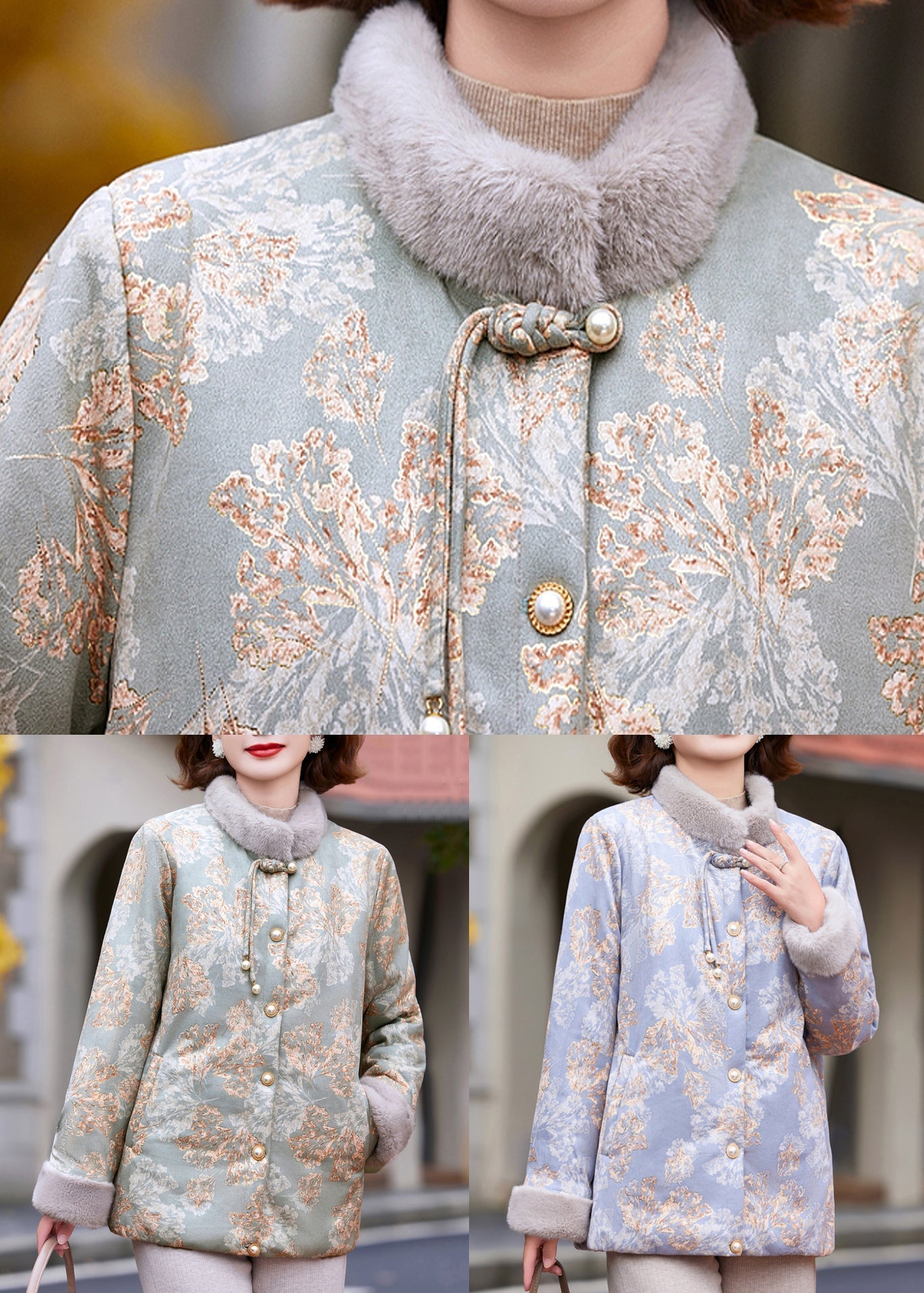 Neu Grün Stehkragen Print Patchwork Warme Fleece Parka Winter RC018