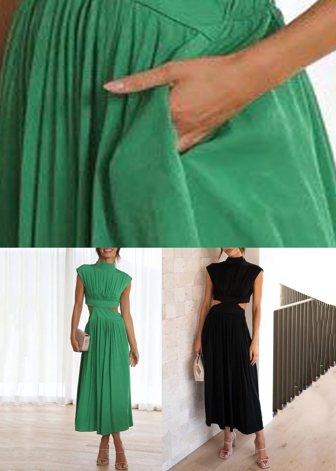Out Sommerkleid Falten Lang Grün Baumwolle Hohl Neu