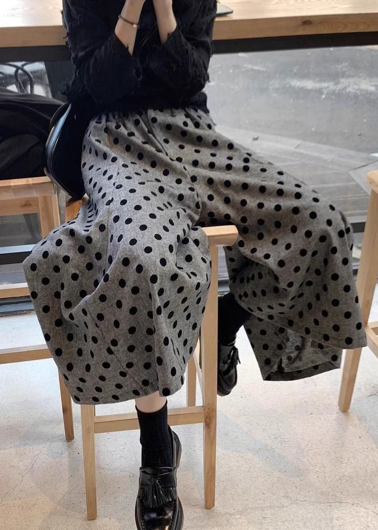 Pantalon d'été en coton gris à pois, taille élastique, jambes larges