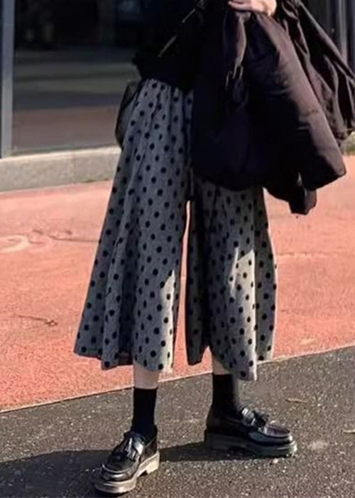 Pantalon d'été en coton gris à pois, taille élastique, jambes larges
