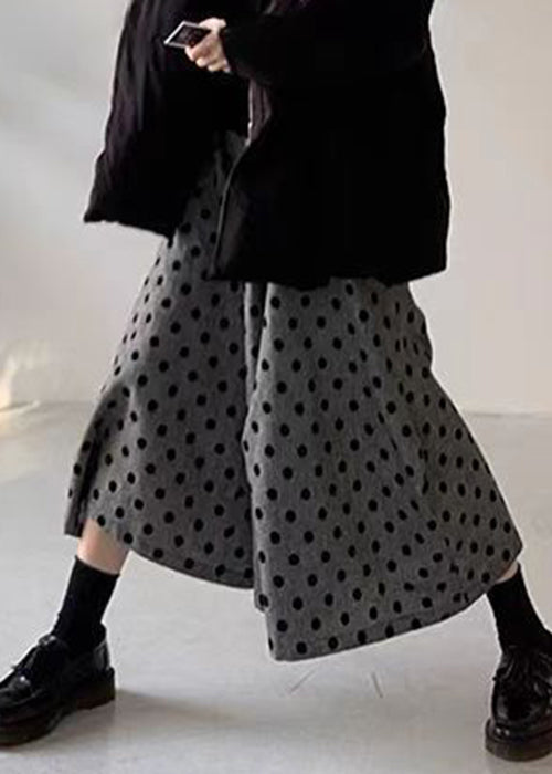 Pantalon d'été en coton gris à pois, taille élastique, jambes larges