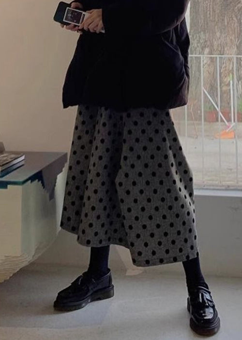 Pantalon d'été en coton gris à pois, taille élastique, jambes larges