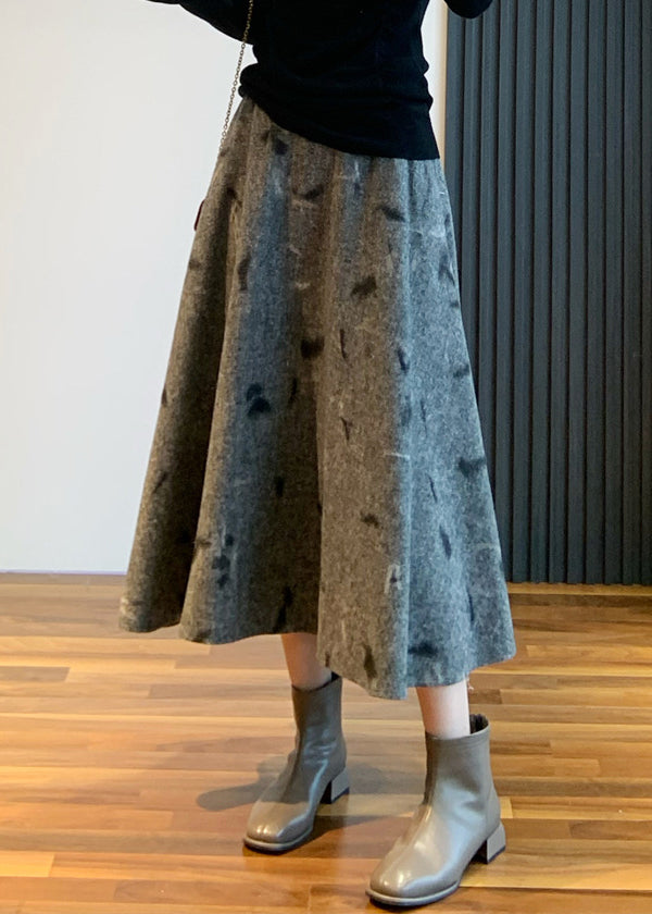 Grey Skirt Embroidered High Waist Woolen New Spring