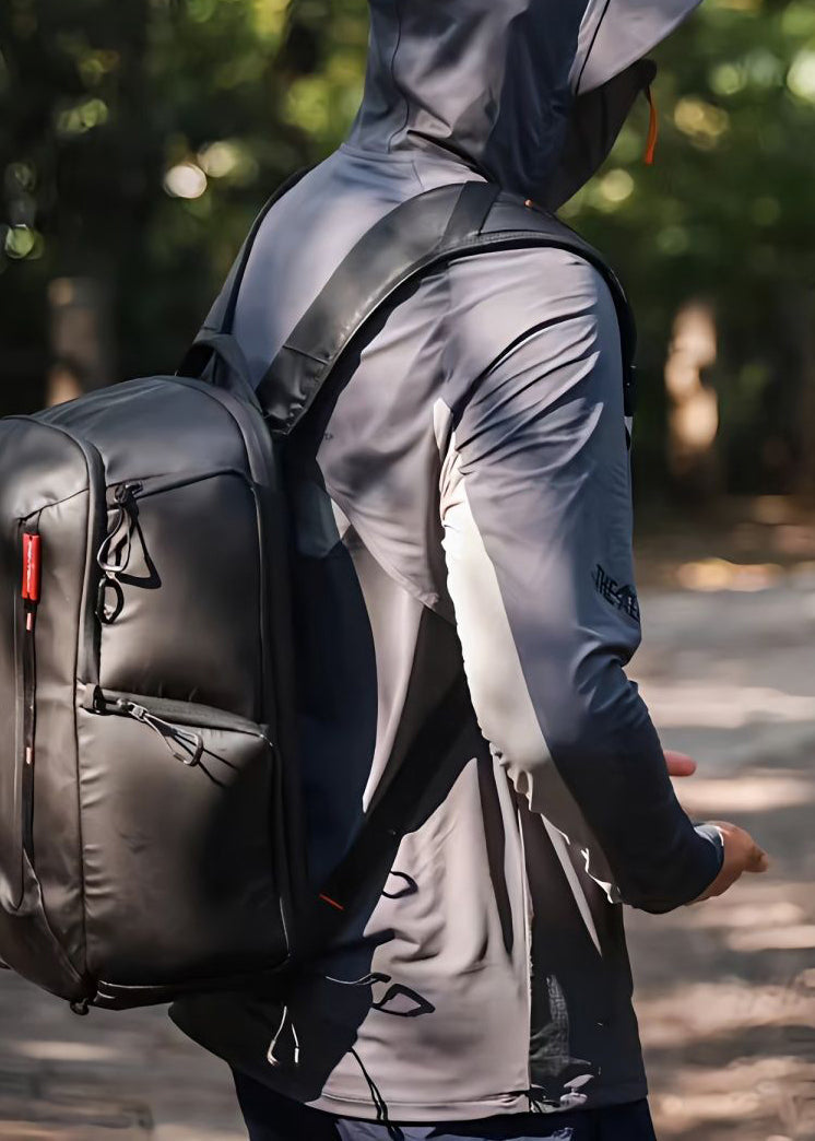 Grey Hooded Mens Coat Silk Ice Zippered New Patchwork 50+ UPF