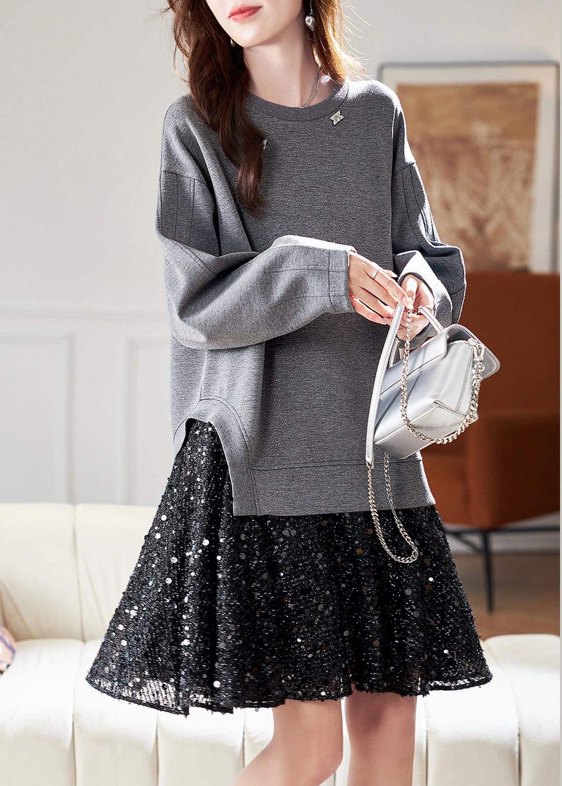 Neu Grau O Neck Pailletten Patchwork Baumwolle Kleid Frühling RL025