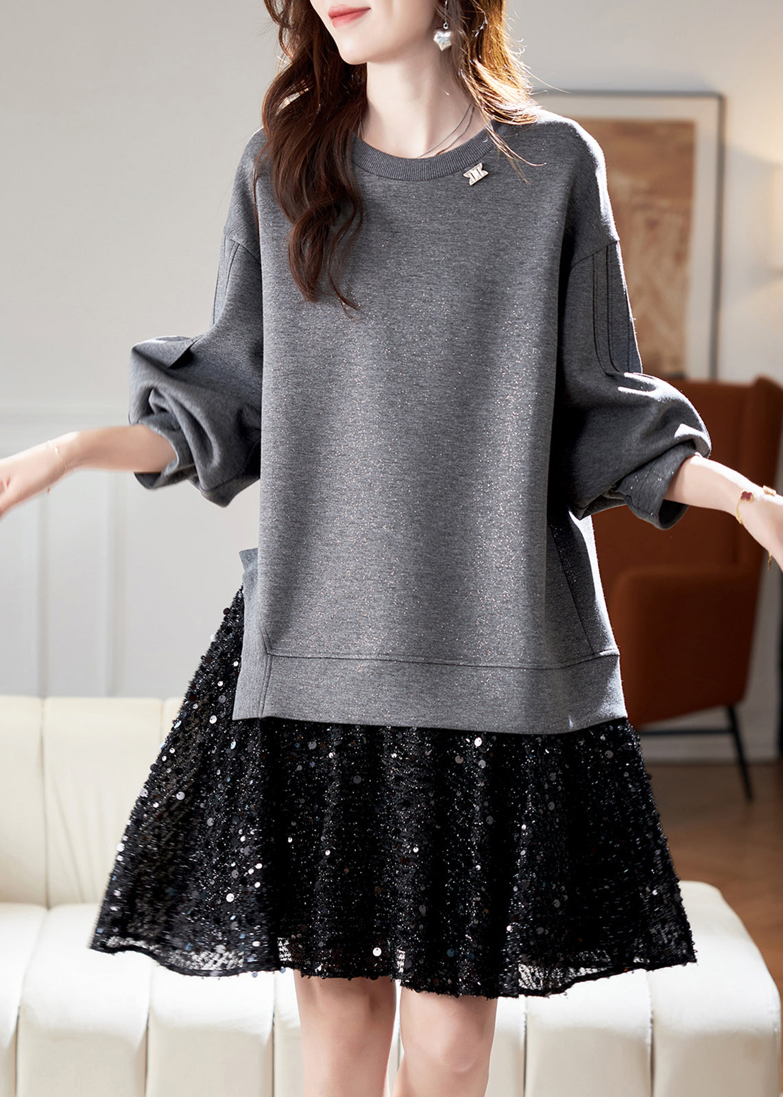 Neu Grau O Neck Pailletten Patchwork Baumwolle Kleid Frühling RL025