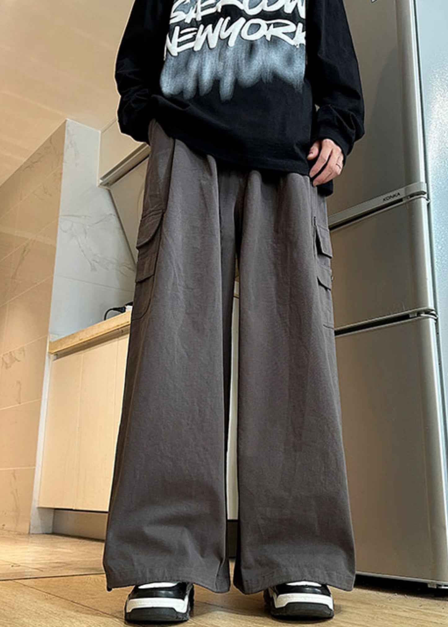 Pantalon d'été en coton pour homme, poches, taille élastique, gris