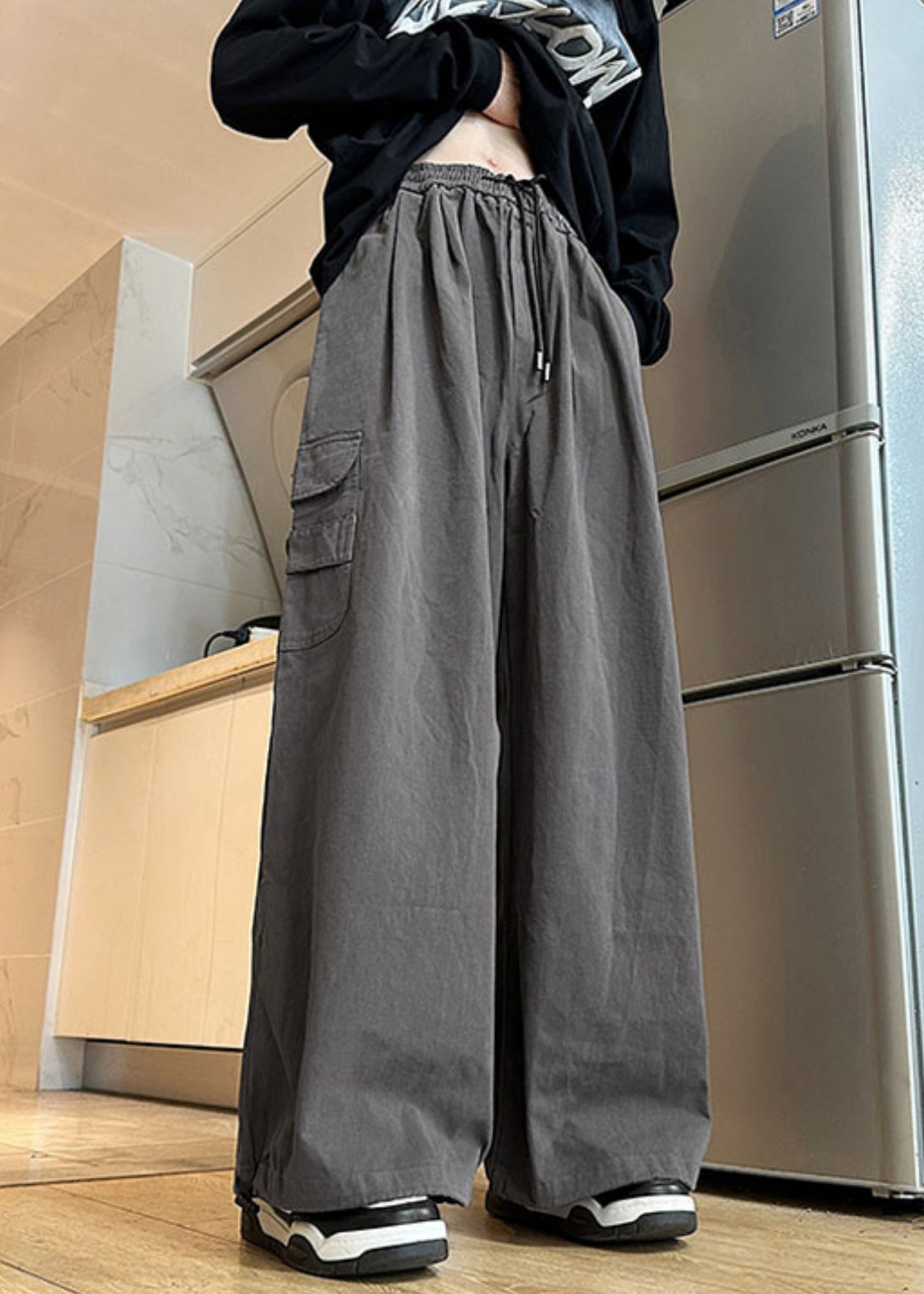 Pantalon d'été en coton pour homme, poches, taille élastique, gris