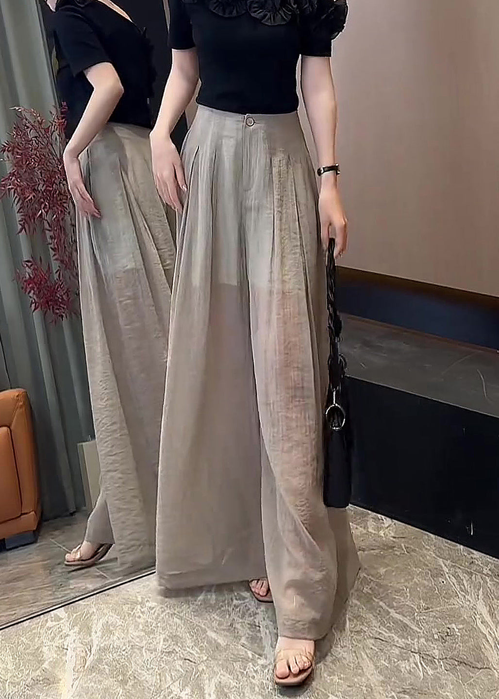 Khaki Linen High Pants Wide Waist Button Leg New Fall