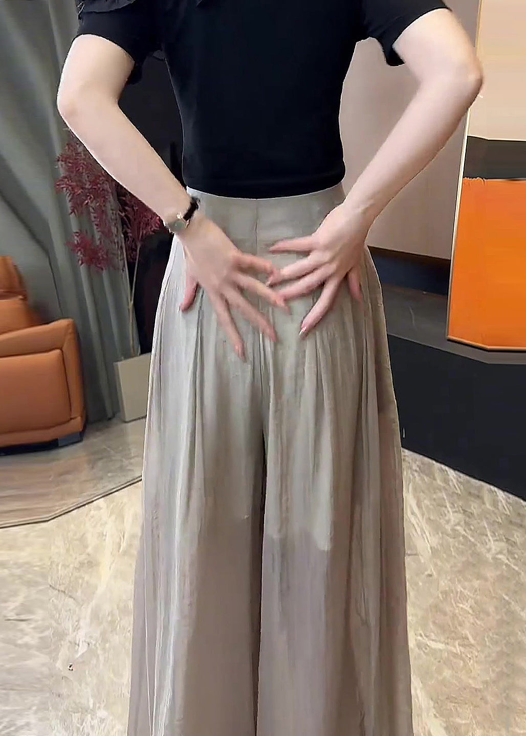 Khaki Linen High Pants Wide Waist Button Leg New Fall