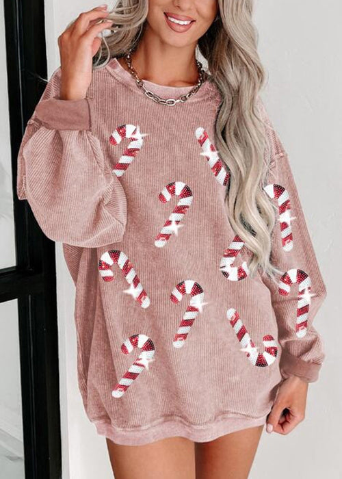 Neues, khakifarbenes, langärmliges Sweatshirt aus Baumwolle mit Pailletten AE1034