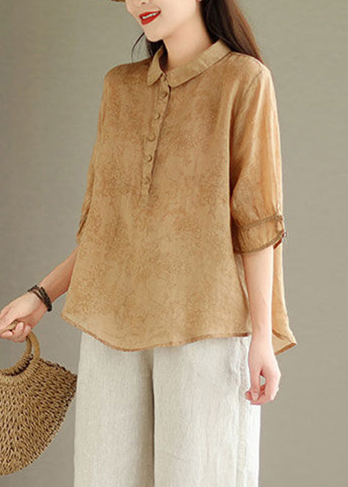 New Khaki Solid Button Print Linen Shirt Summer GG044