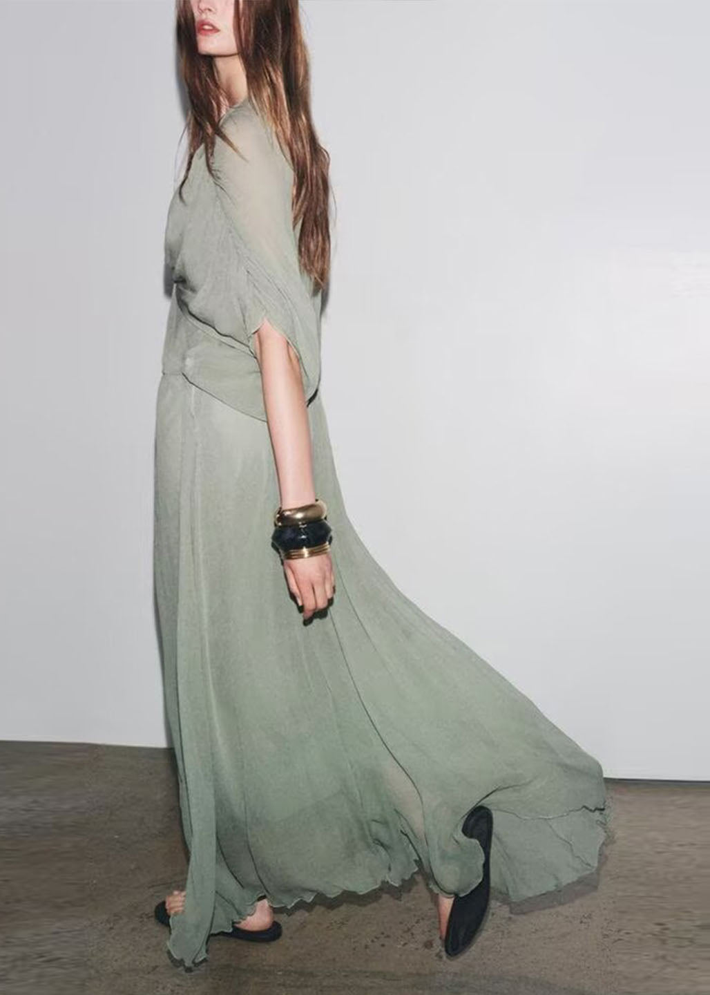 Chiffon Patchwork V Batwing Light Green Wrinkled Dresses Neck New