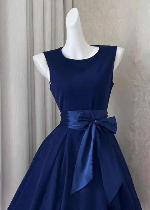 Mid Bow Sleeveless Solid New Cotton Navy Dress