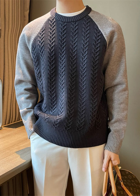 Pull bleu marine à col rond et patchwork en maille torsadée pour homme, printemps TK001