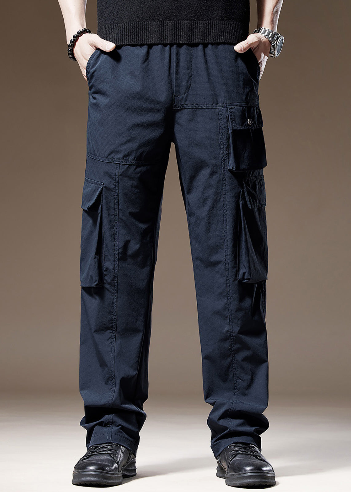 Pantalon bleu marine pour homme, poches, coton uni, printemps