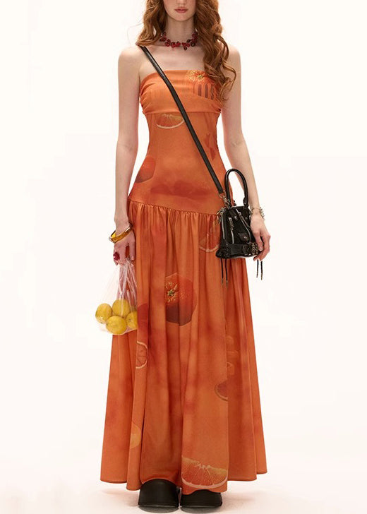 Seitlich geöffnetes Maxi-Kleid aus orangefarbenem Baumwolldruck, neu, faltig