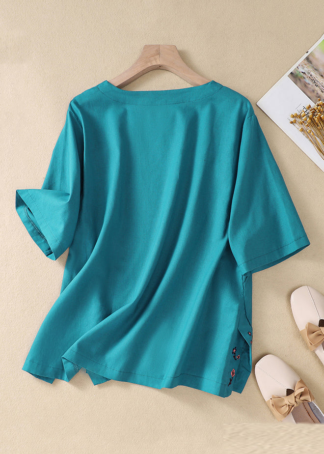 New Peacock Blue Embroidered Side Open Cotton T Shirt Summer GG023
