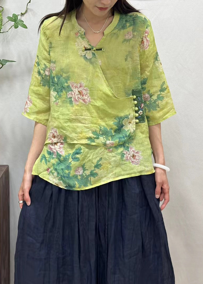 Nouvelle chemise en lin rose à imprimé asymétrique et boutons à manches mi-longues JH004