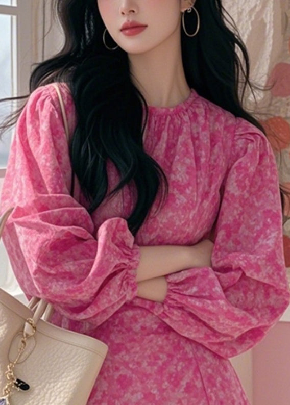 Rosa Frühling Print Baumwolle Neue Kleid Asymmetrische Mid
