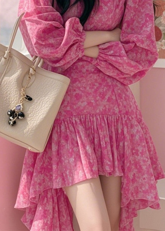 Rosa Frühling Print Baumwolle Neue Kleid Asymmetrische Mid