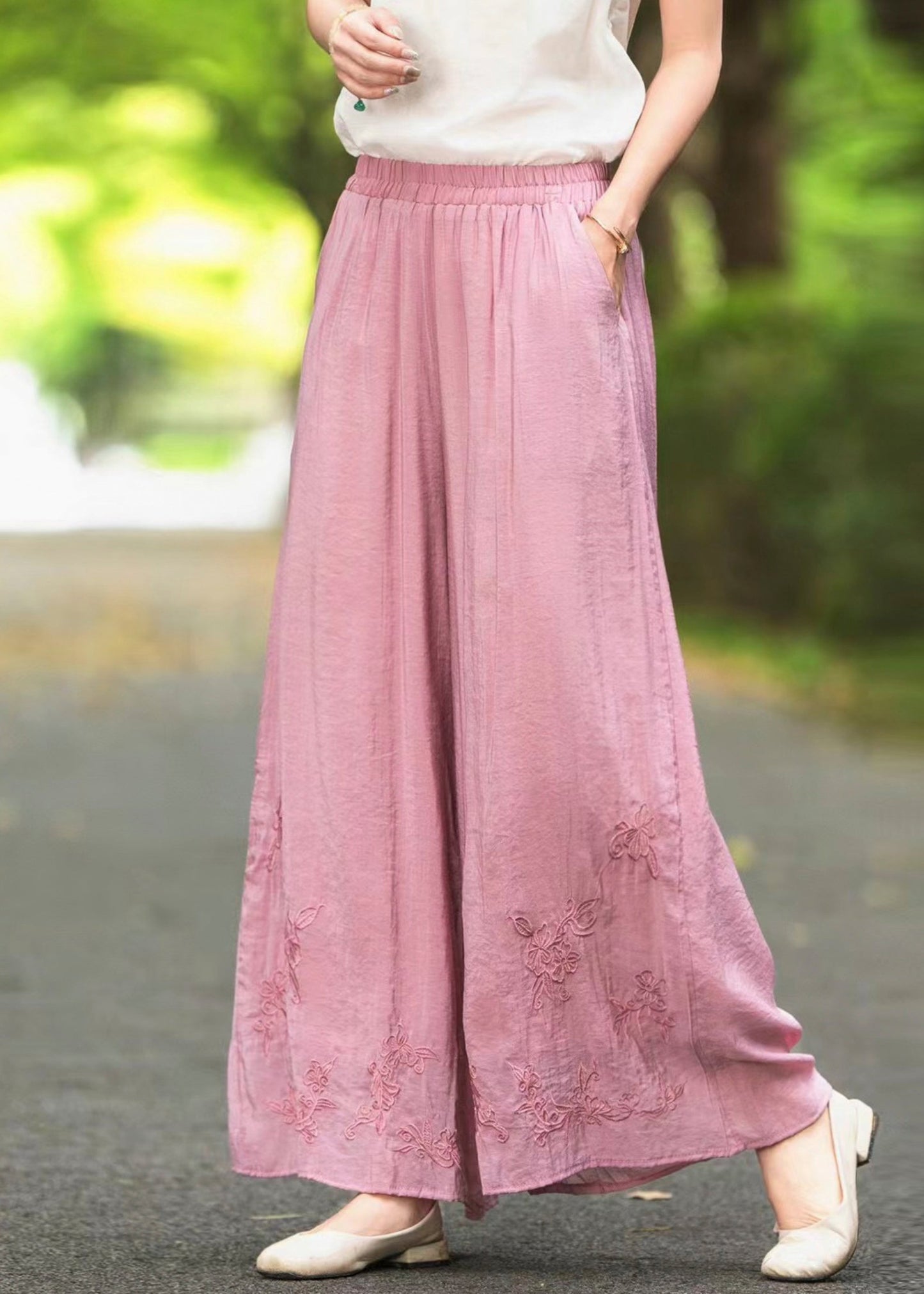 Pantalon d'été en soie élastique brodé à la taille et aux jambes larges, rose, neuf
