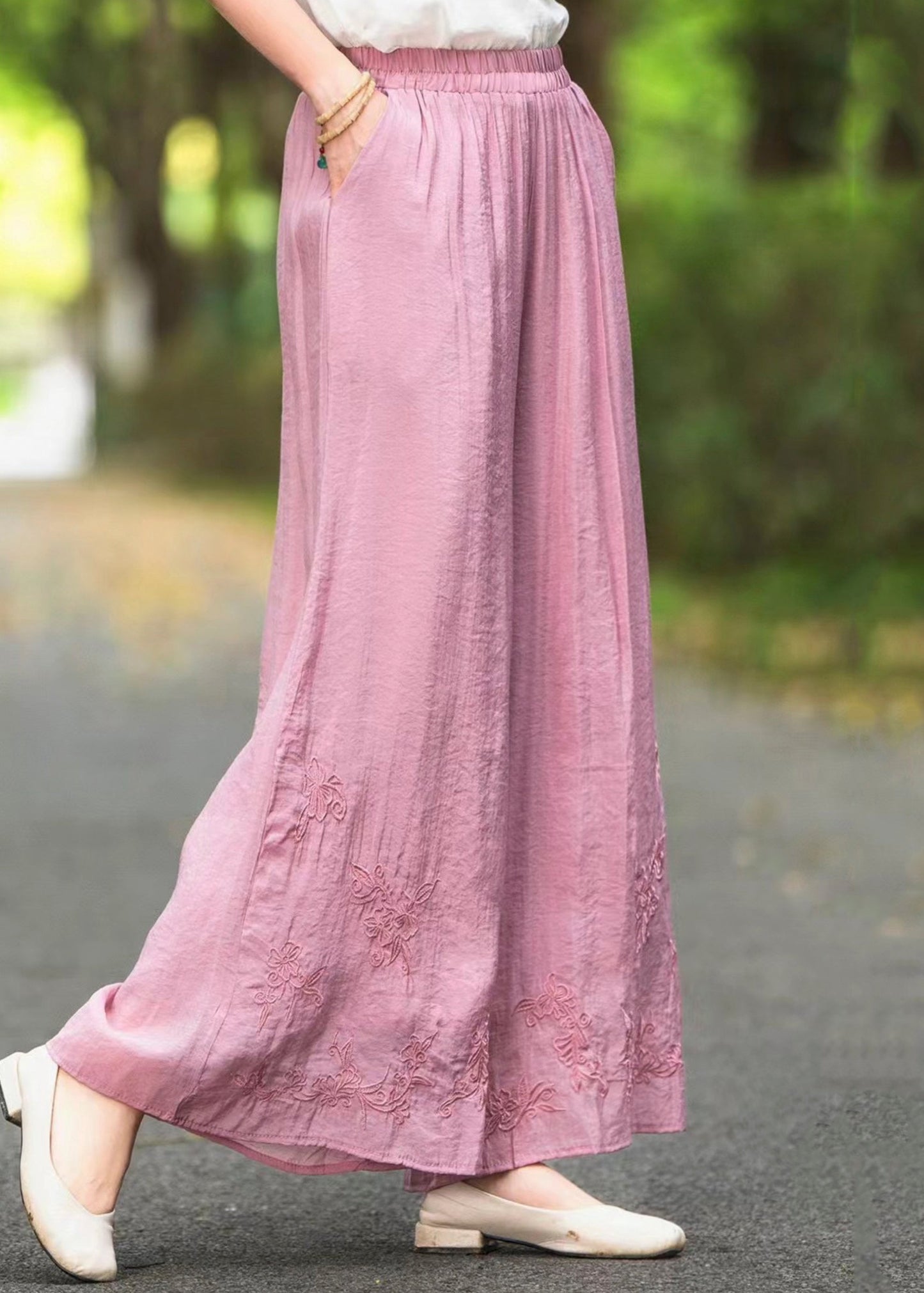 Pantalon d'été en soie élastique brodé à la taille et aux jambes larges, rose, neuf