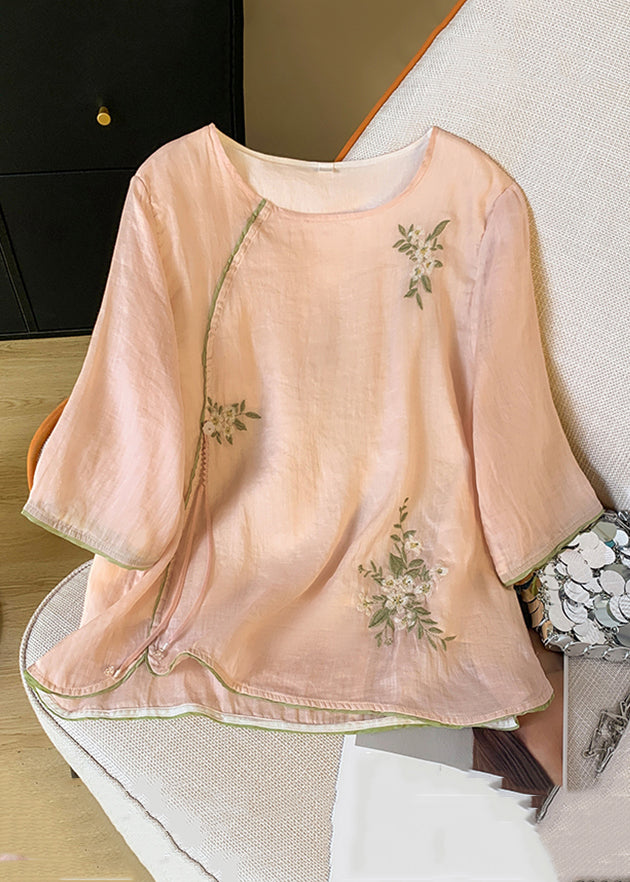 Blouses New O Sleeve Cotton Bracelet Pink Neck Embroidered