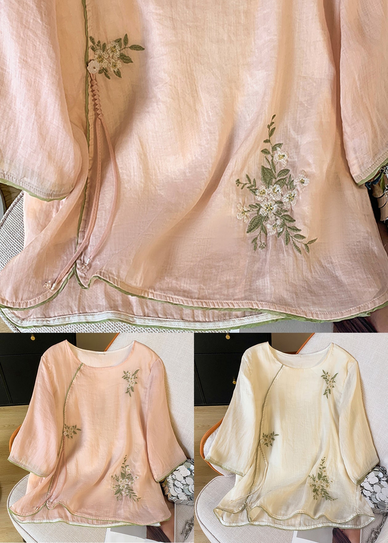 Blouses New O Sleeve Cotton Bracelet Pink Neck Embroidered