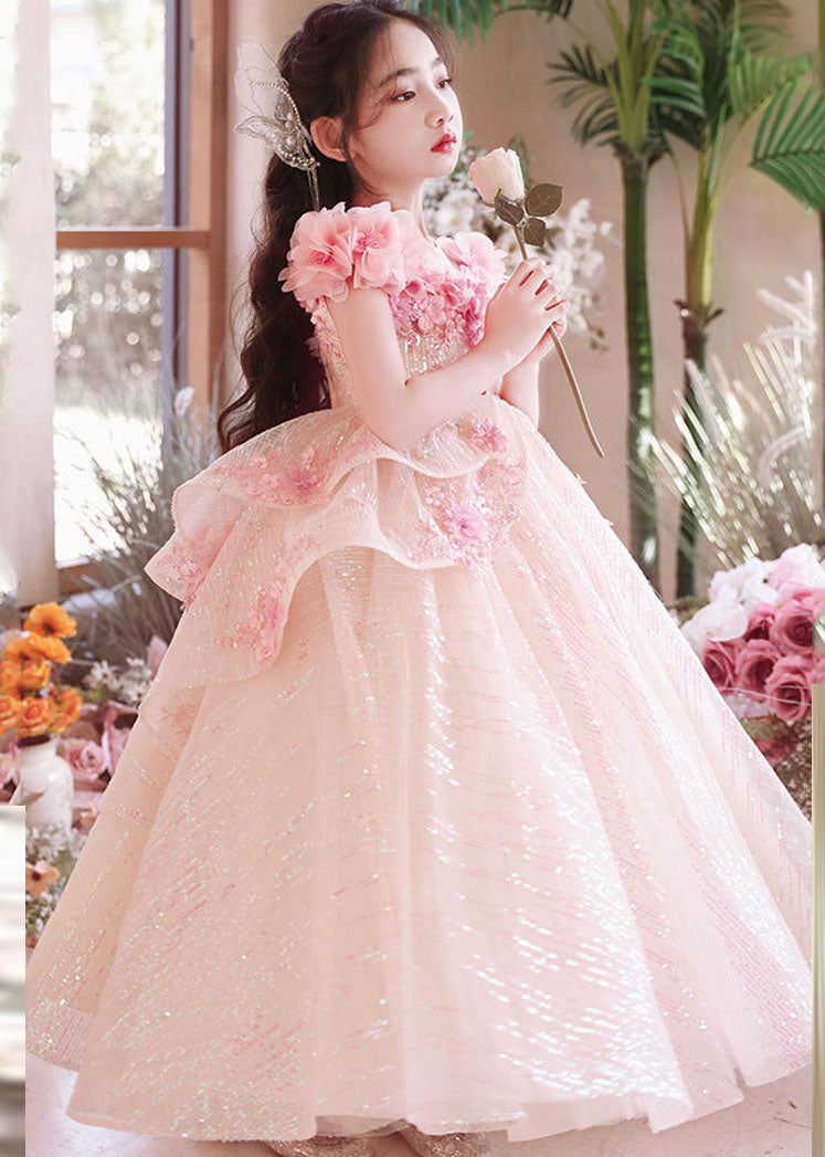 Robe longue rose à col en V et motif floral flatteur en tulle pour fille, été YE005