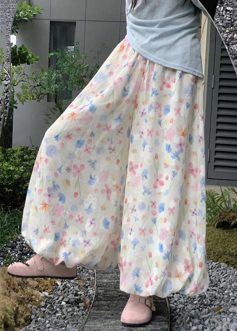 Sommer Baumwolle Breite Bein Druck Neue Taille Hosen