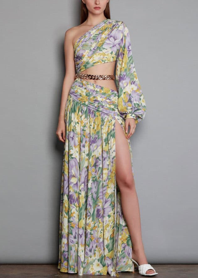 Neues langes Chiffonkleid mit offenem Print und Kettenschulter an der Seite