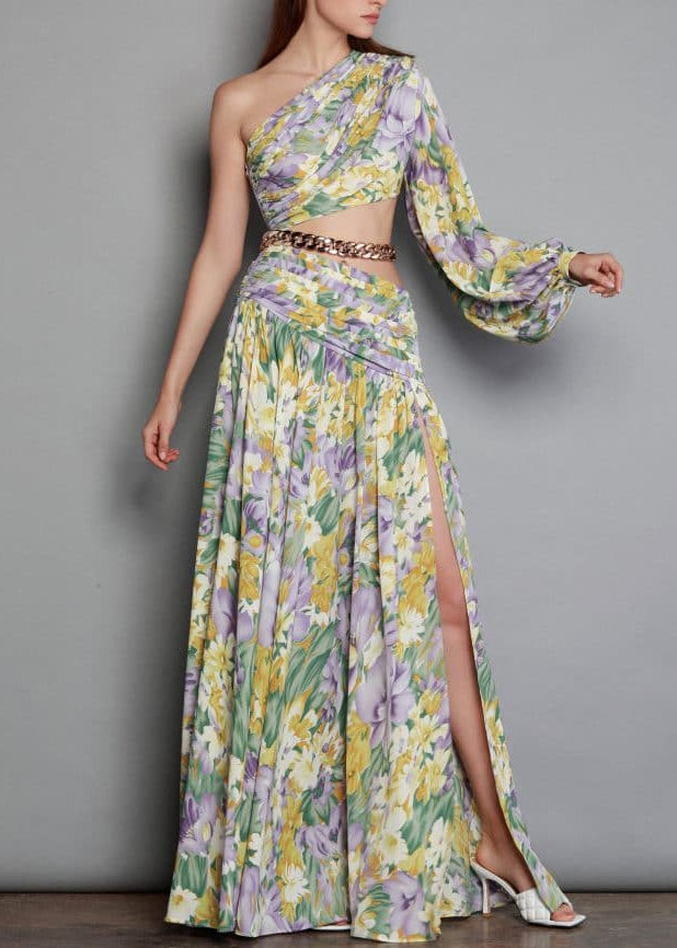 Neues langes Chiffonkleid mit offenem Print und Kettenschulter an der Seite