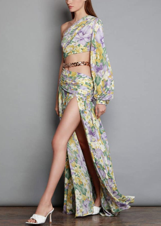 Neues langes Chiffonkleid mit offenem Print und Kettenschulter an der Seite