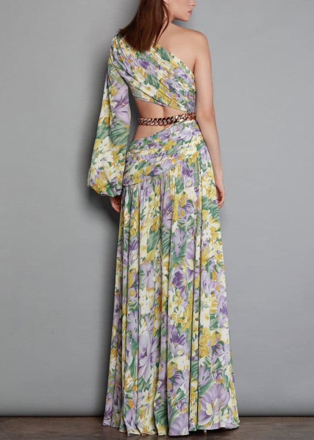 Neues langes Chiffonkleid mit offenem Print und Kettenschulter an der Seite
