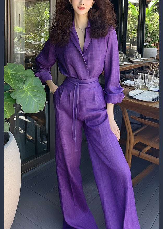 Ensemble chemise et pantalon violet en coton avec poches et dentelle neuve